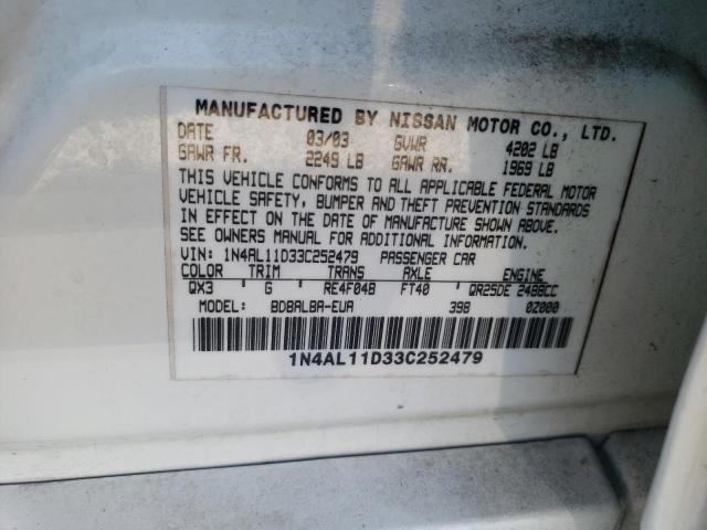 NISSAN ALTIMA BAS 2003 with VIN 1N4AL11D33C252479 - Photo from auction