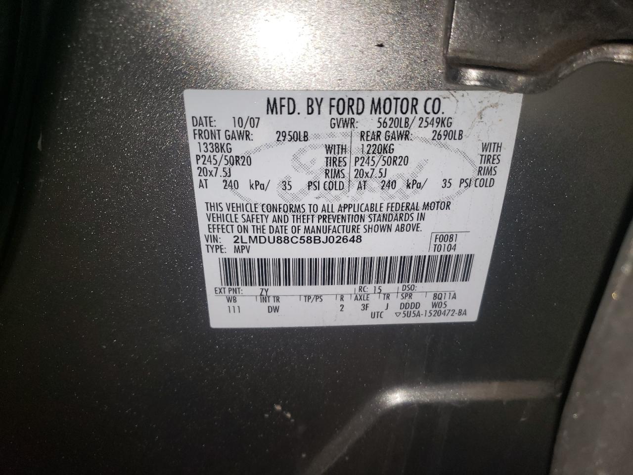 Photo 10 from auction – 2008 LINCOLN MKX with VIN 2LMDU88C58BJ02648