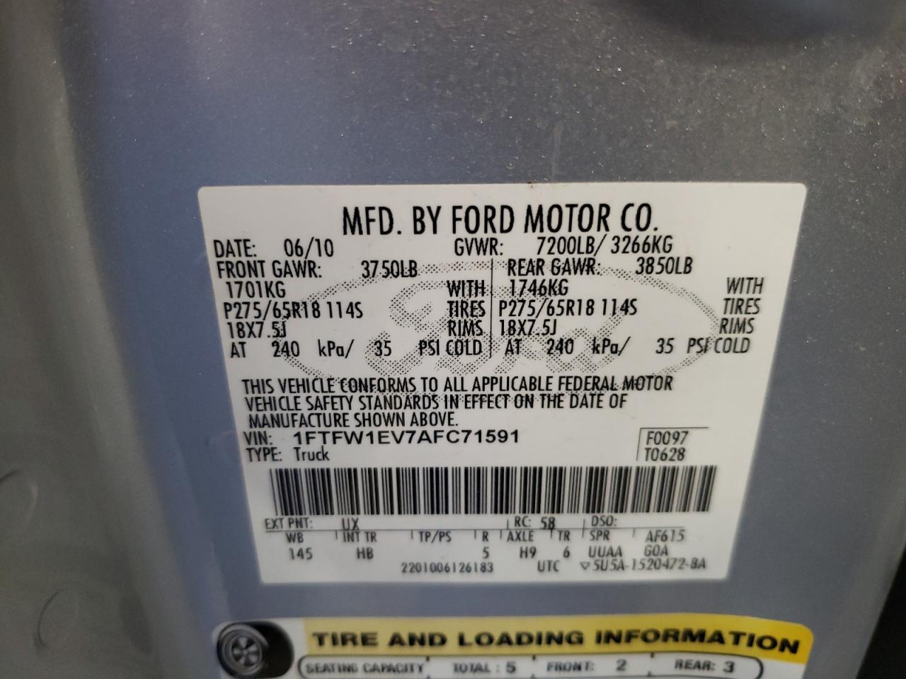 Photo 10 from auction – 2010 FORD F150 SUPER with VIN 1FTFW1EV7AFC71591