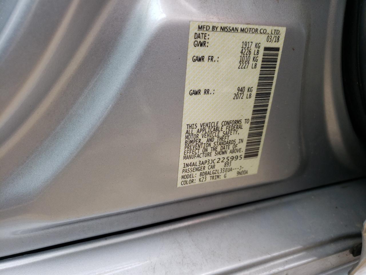 Photo 10 from auction – 2018 NISSAN ALTIMA 2.5 with VIN 1N4AL3AP3JC225995