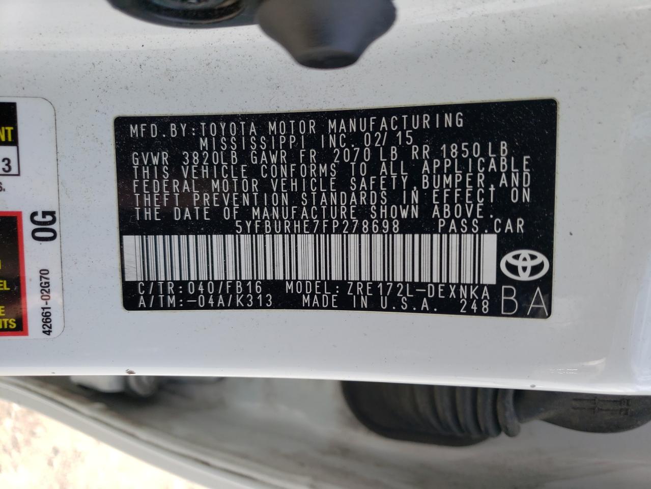 Photo 10 from auction – 2015 TOYOTA COROLLA L with VIN 5YFBURHE7FP278698