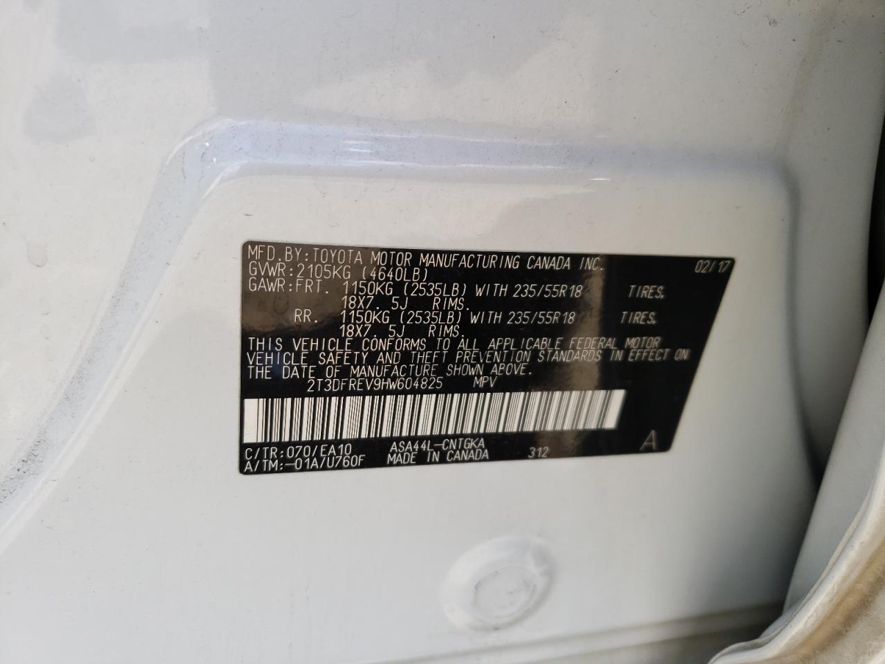 Photo 10 from auction – 2017 TOYOTA RAV4 LIMIT with VIN 2T3DFREV9HW604825