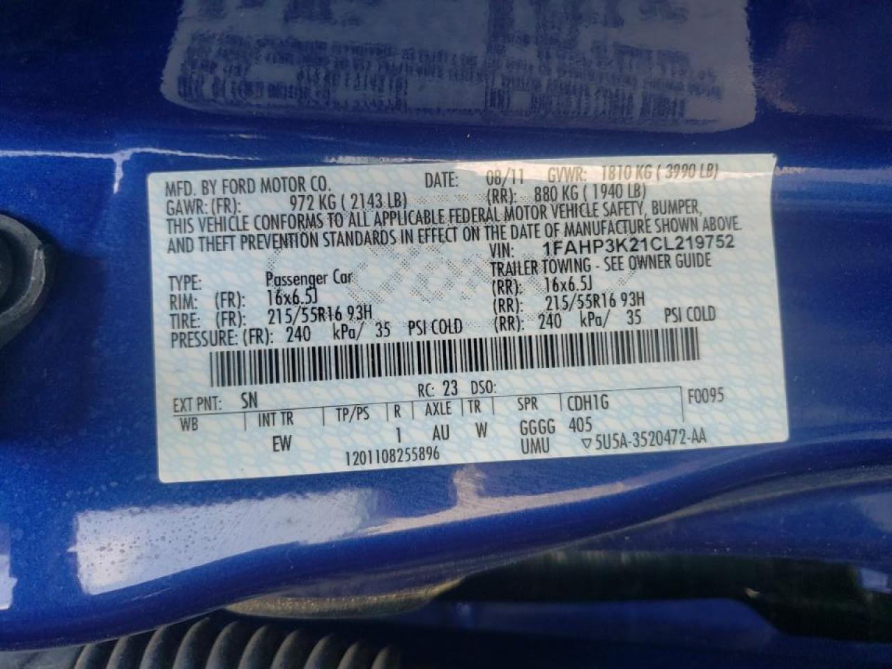 Photo 10 from auction – 2012 FORD FOCUS SE with VIN 1FAHP3K21CL219752
