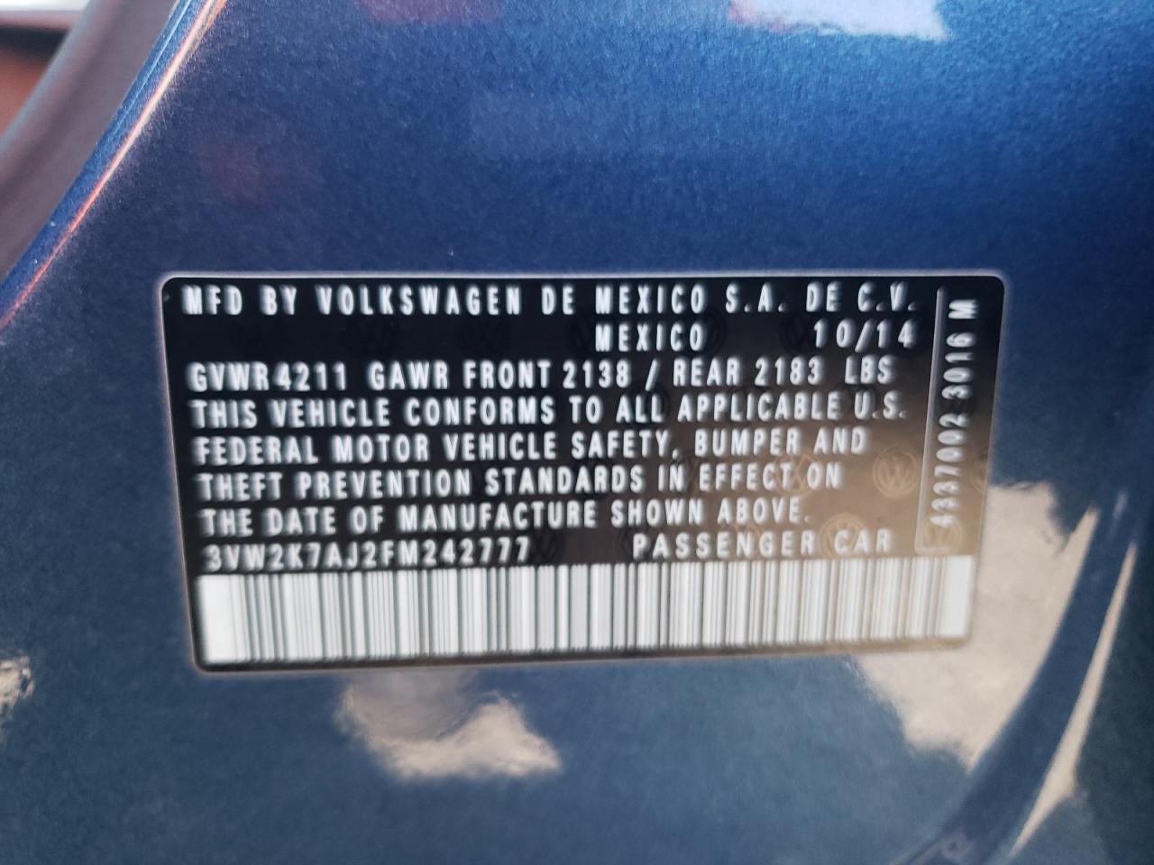 Photo 10 from auction – 2015 VOLKSWAGEN JETTA BASE with VIN 3VW2K7AJ2FM242777