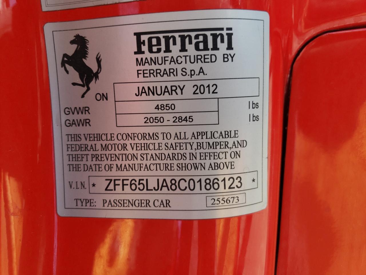 Photo 10 from auction – 2012 FERRARI CALIFORNIA with VIN ZFF65LJA8C0186123