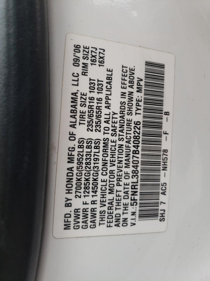 Photo 10 from auction – 2007 HONDA ODYSSEY EX with VIN 5FNRL38407B408226