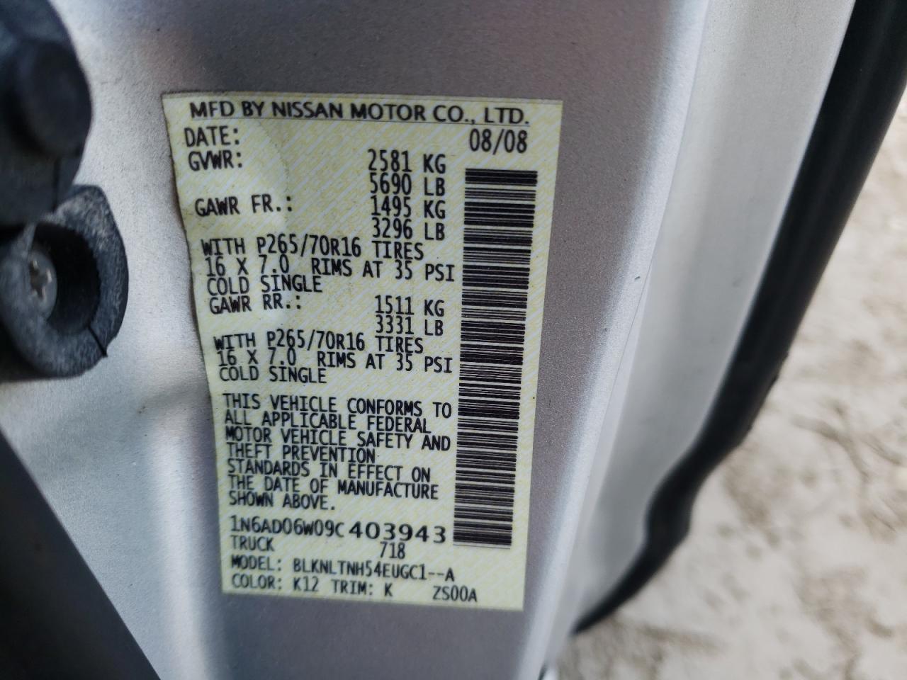Photo 10 from auction – 2009 NISSAN FRONTIER K with VIN 1N6AD06W09C403943