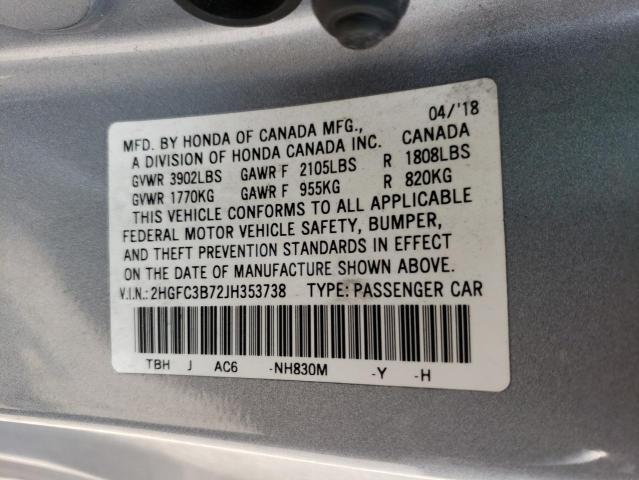 Photo 10 from auction – 2018 HONDA CIVIC EXL with VIN 2HGFC3B72JH353738