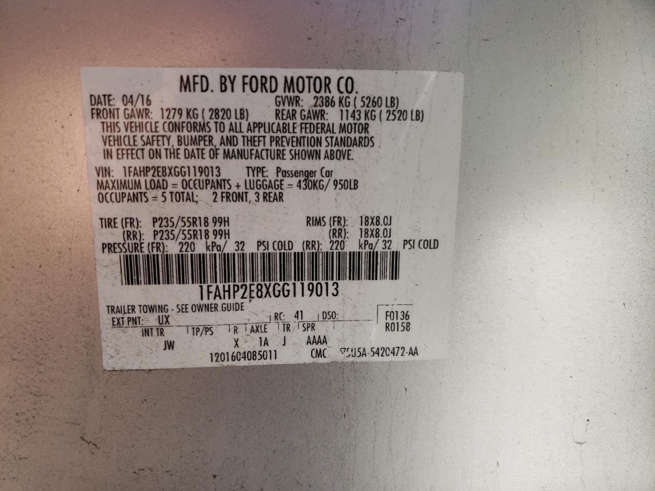 Photo 10 from auction – 2016 FORD TAURUS SEL with VIN 1FAHP2E8XGG119013