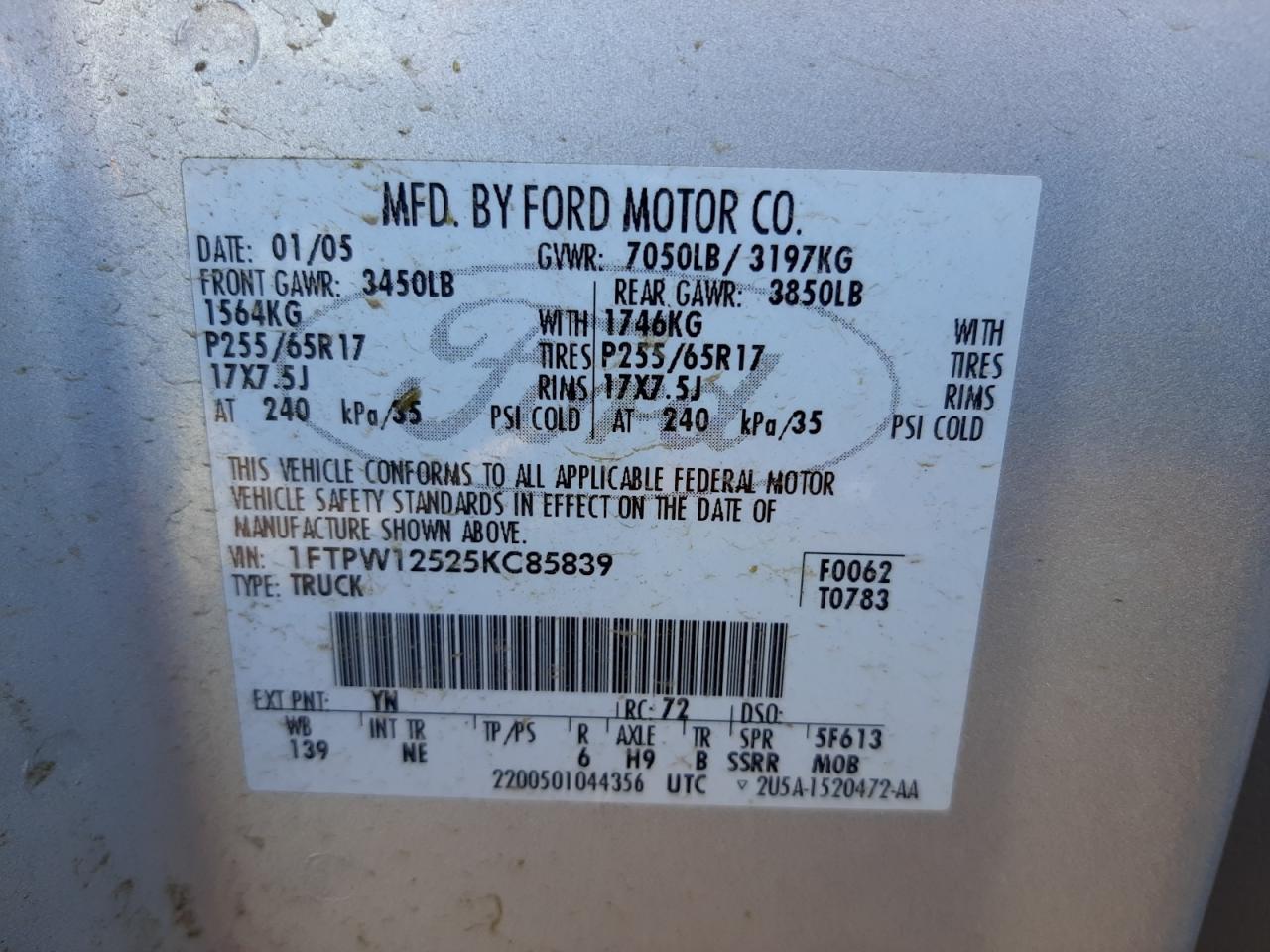 Photo 10 from auction – 2005 FORD F150 SUPER with VIN 1FTPW12525KC85839