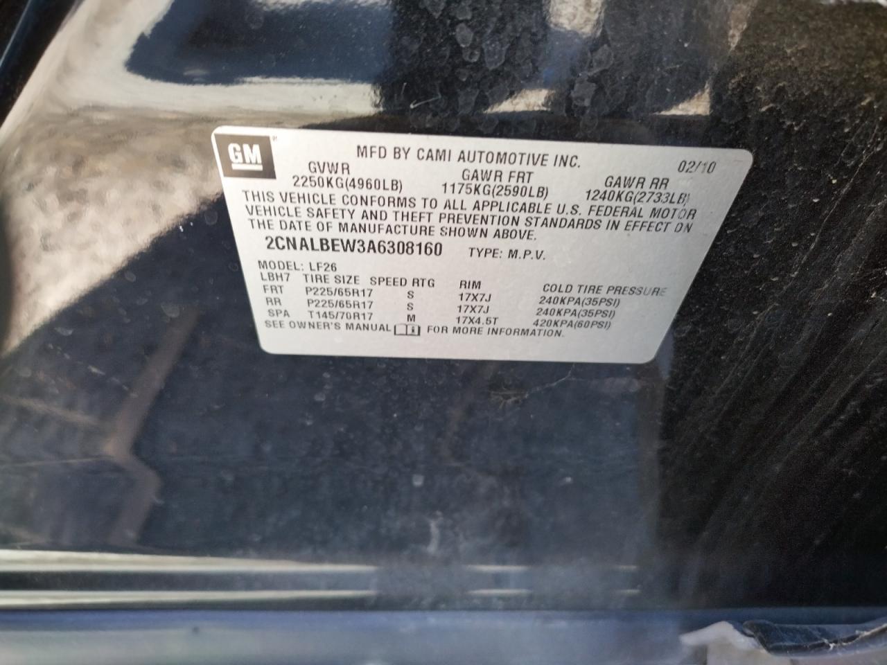 Photo 10 from auction – 2010 CHEVROLET EQUINOX LS with VIN 2CNALBEW3A6308160