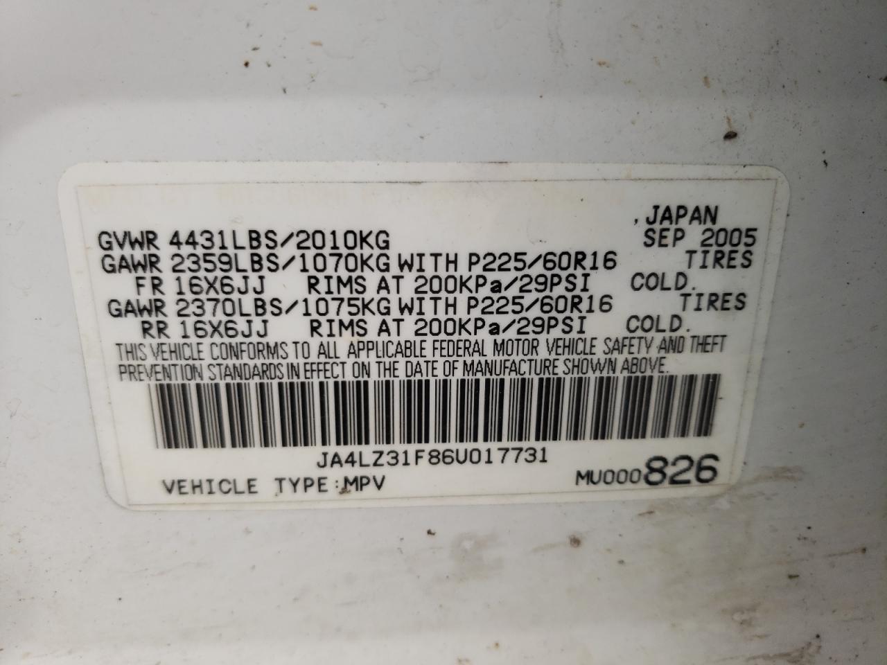 Photo 11 from auction – 2006 MITSUBISHI OUTLANDER with VIN JA4LZ31F86U017731