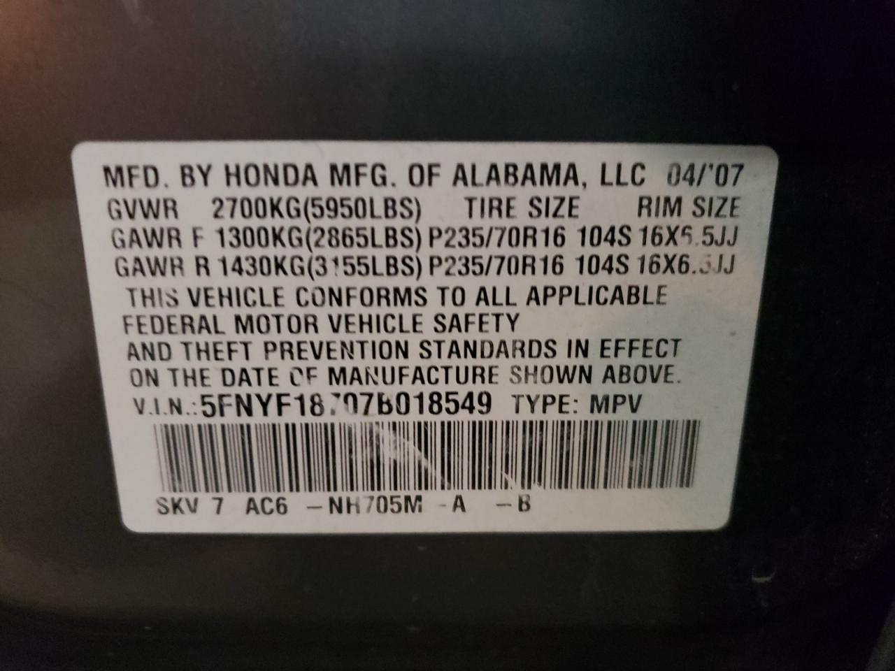 Photo 10 from auction – 2007 HONDA PILOT EXL with VIN 5FNYF18707B018549