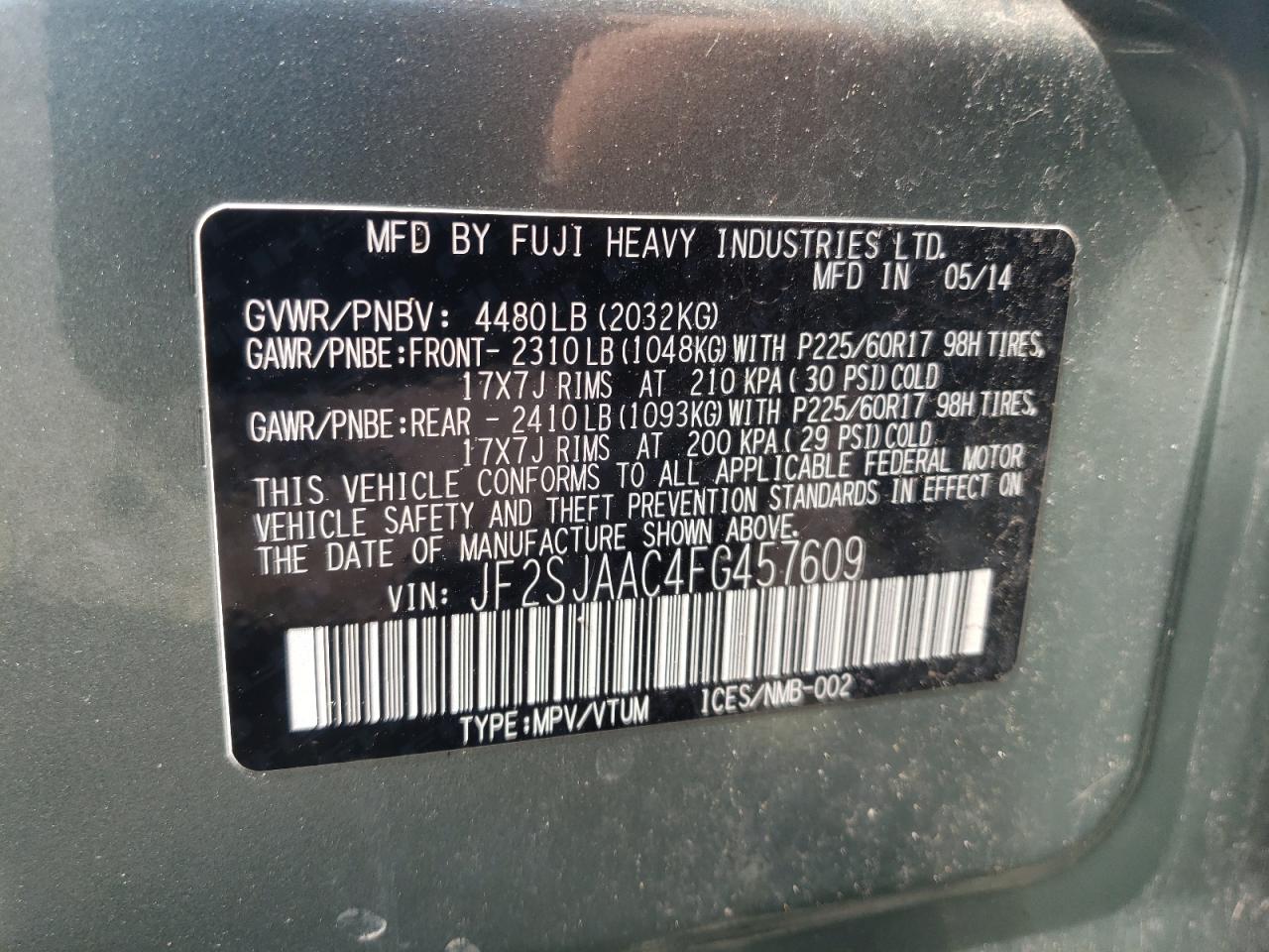 Photo 10 from auction – 2015 SUBARU FORESTER 2 with VIN JF2SJAAC4FG457609