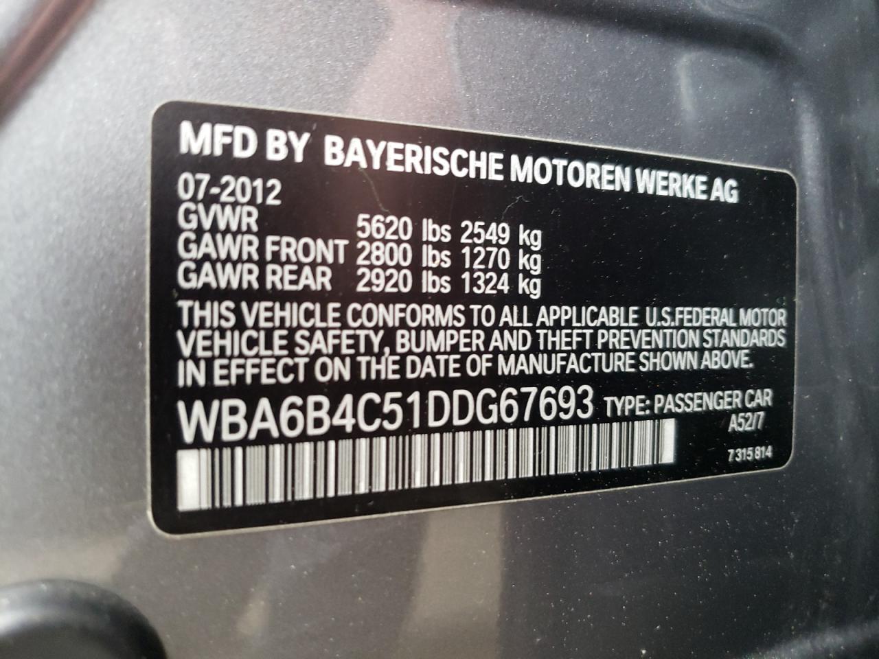 Photo 10 from auction – 2013 BMW 650 XI with VIN WBA6B4C51DDG67693
