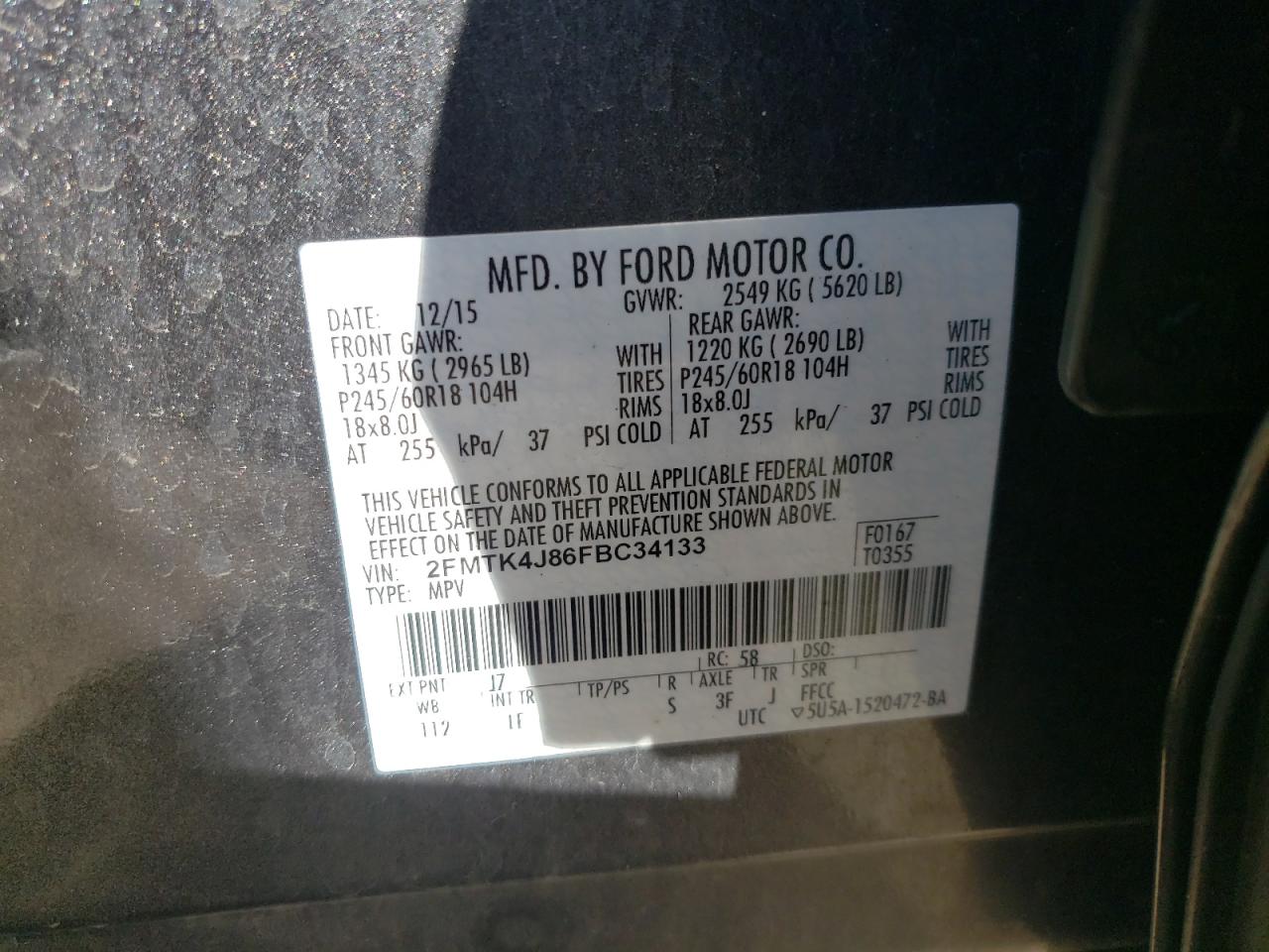 Photo 10 from auction – 2015 FORD EDGE SEL with VIN 2FMTK4J86FBC34133