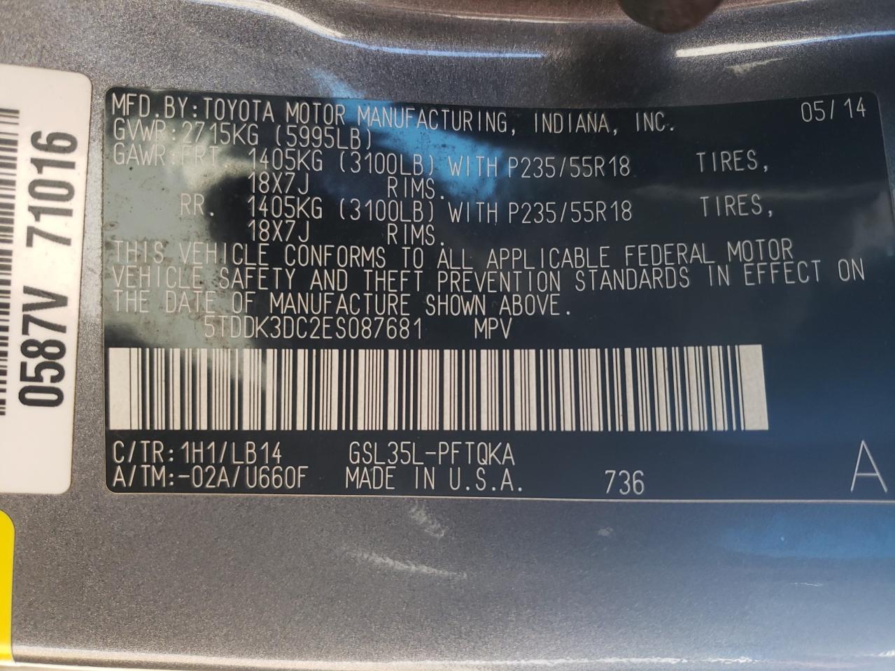 Photo 10 from auction – 2014 TOYOTA SIENNA XLE with VIN 5TDDK3DC2ES087681