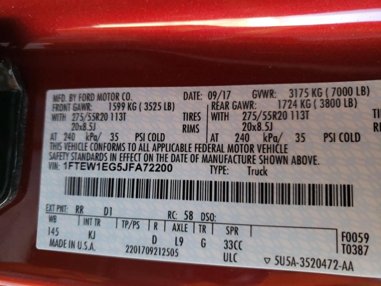Photo 10 from auction – 2018 FORD F150 SUPER with VIN 1FTEW1EG5JFA72200