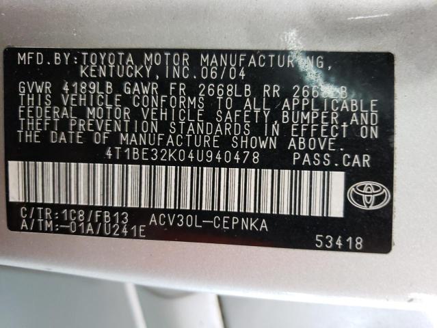 Photo 10 from auction – 2004 TOYOTA CAMRY LE with VIN 4T1BE32K04U940478