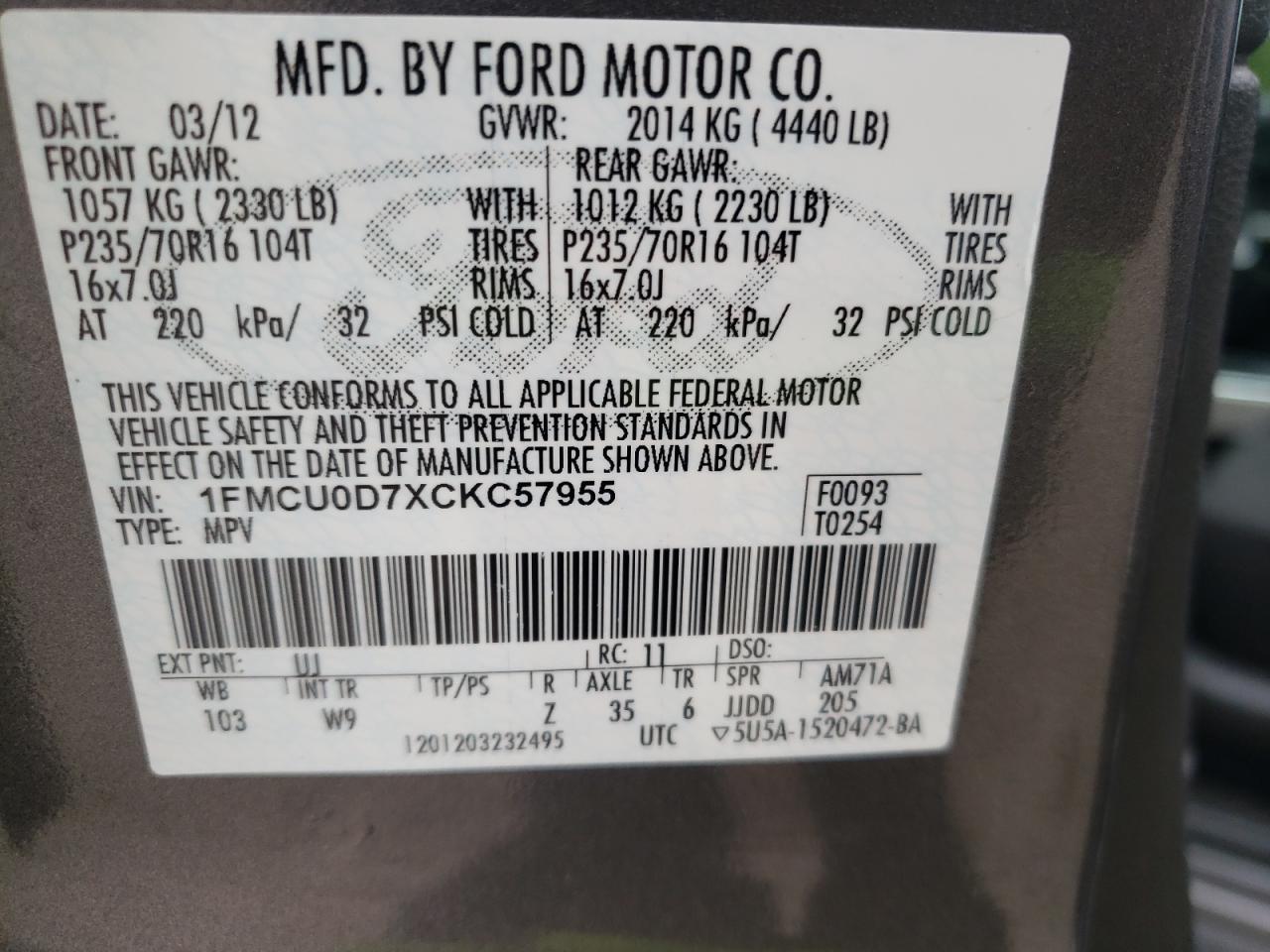 Photo 10 from auction – 2012 FORD ESCAPE XLT with VIN 1FMCU0D7XCKC57955