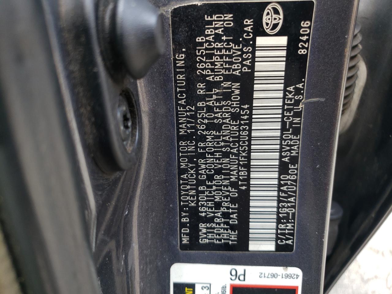 Photo 11 from auction – 2012 TOYOTA CAMRY BASE with VIN 4T1BF1FK5CU631454