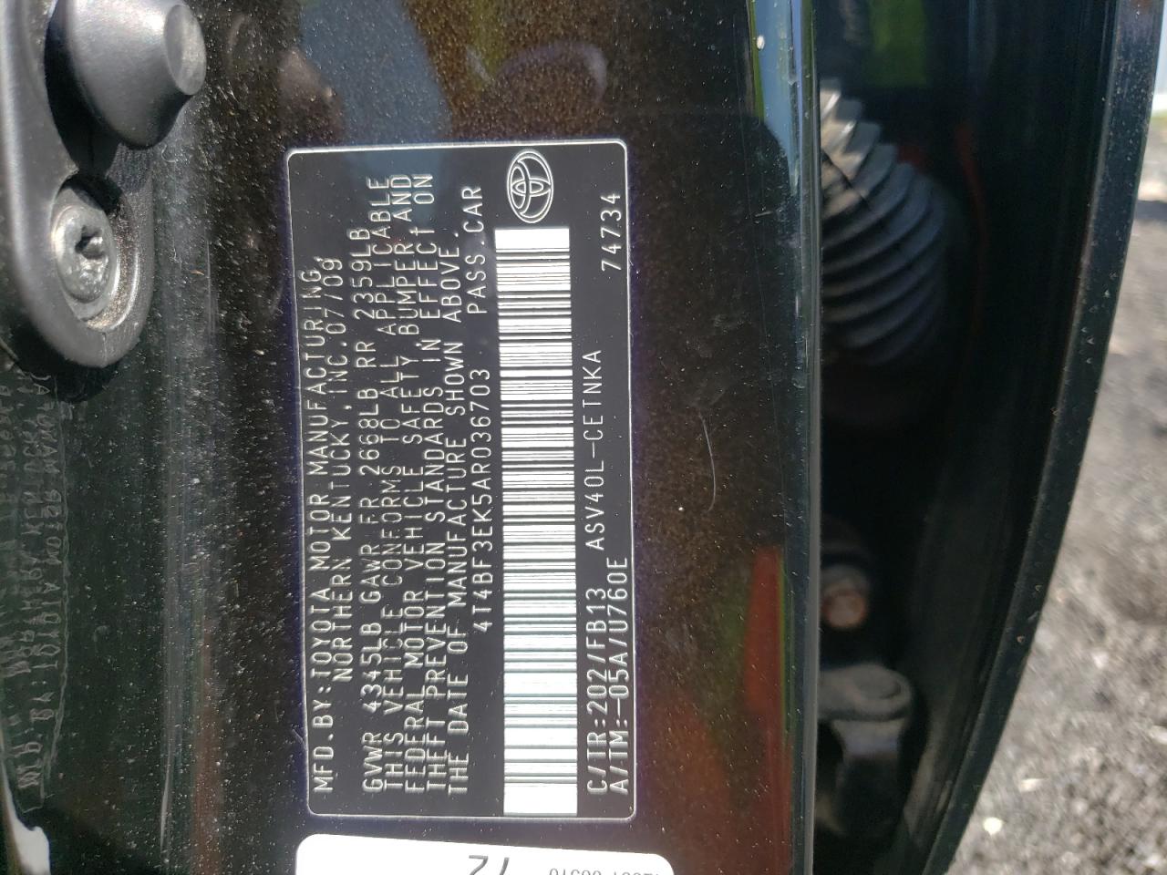 Photo 11 from auction – 2010 TOYOTA CAMRY BASE with VIN 4T4BF3EK5AR036703