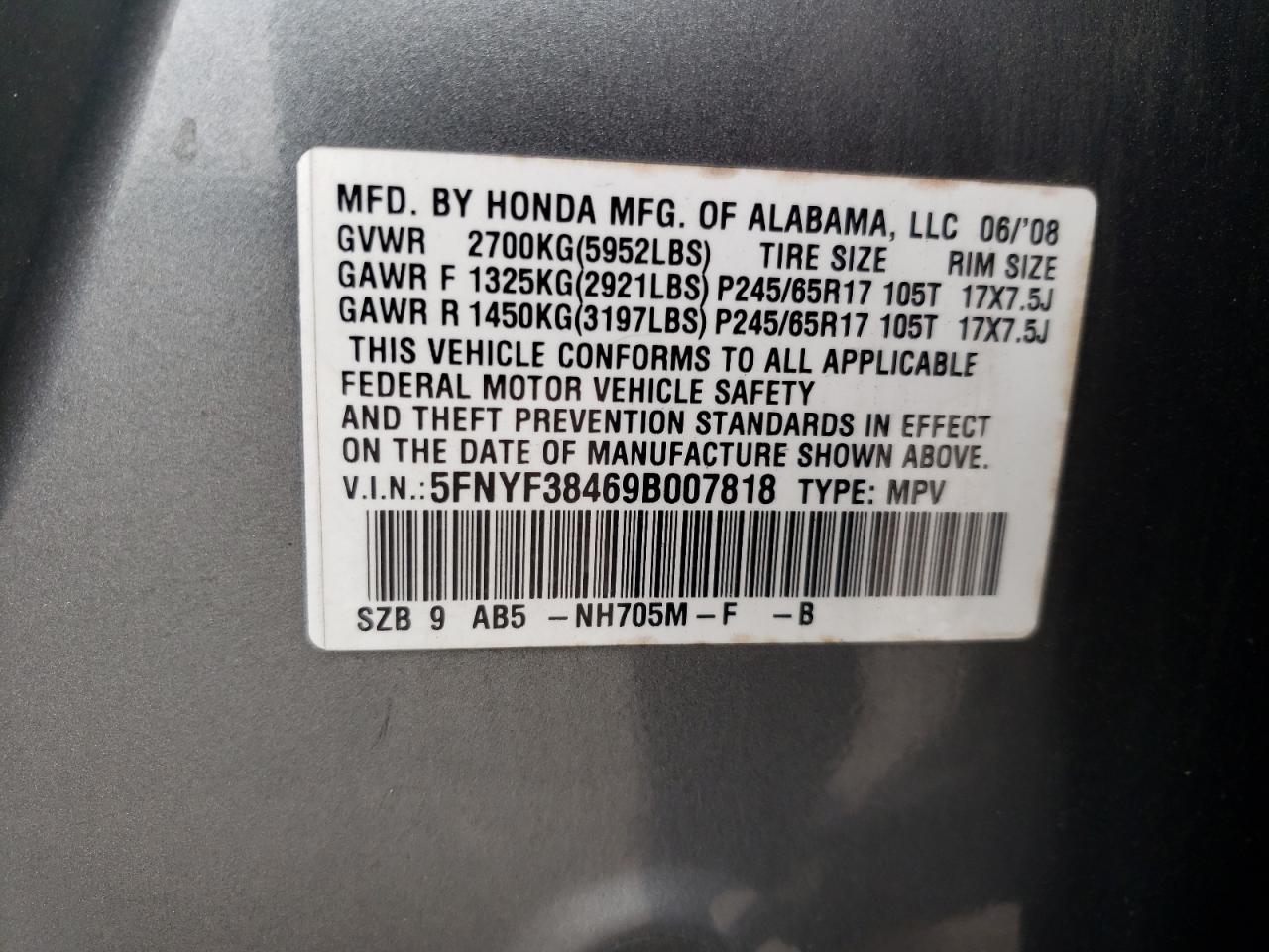 Photo 10 from auction – 2009 HONDA PILOT EX with VIN 5FNYF38469B007818
