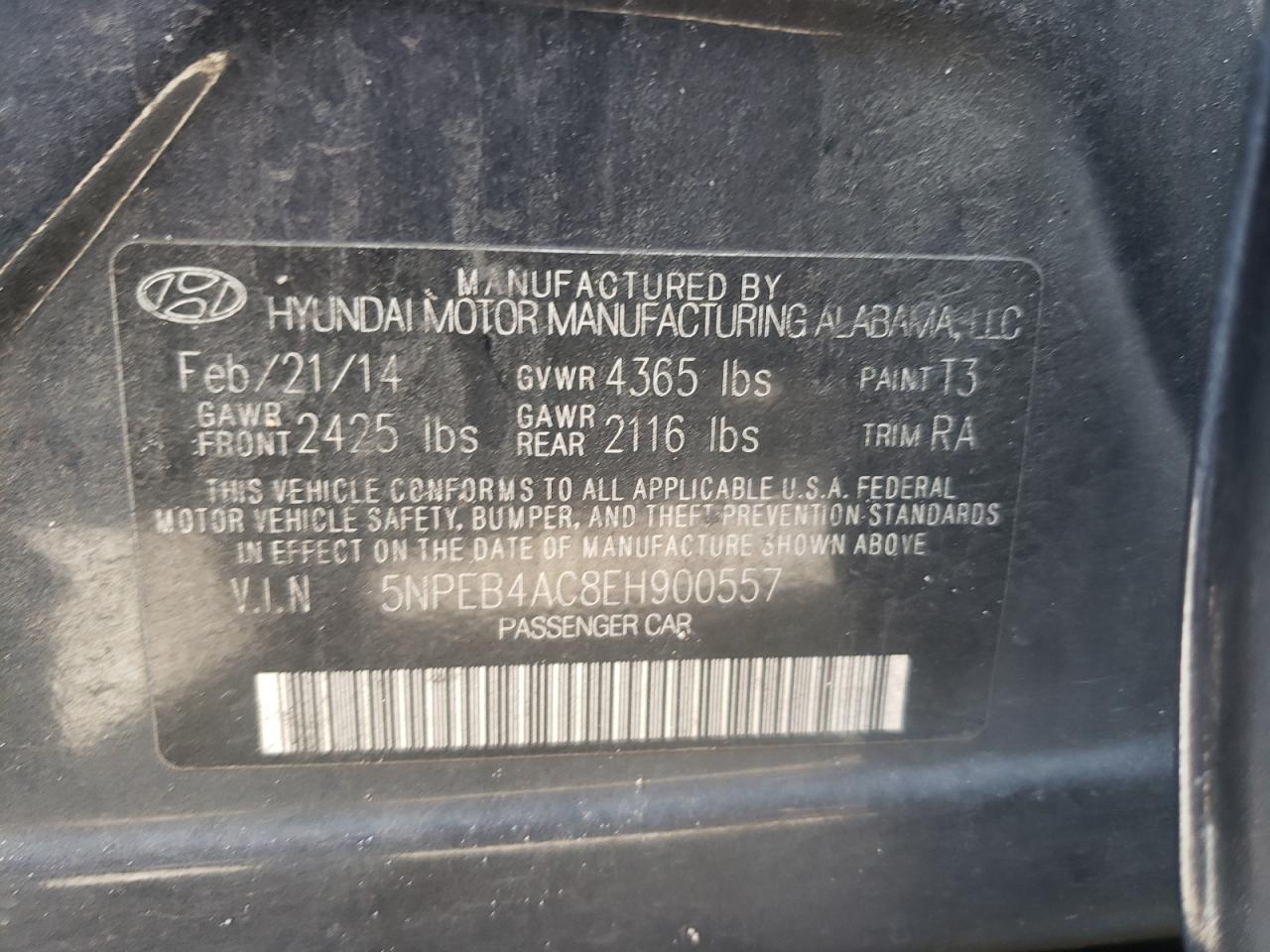 Photo 10 from auction – 2014 HYUNDAI SONATA GLS with VIN 5NPEB4AC8EH900557