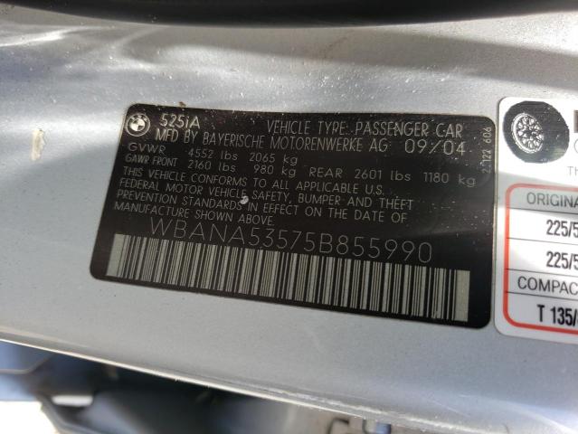 BMW 525 I 2005 with VIN WBANA53575B855990 - Photo from auction