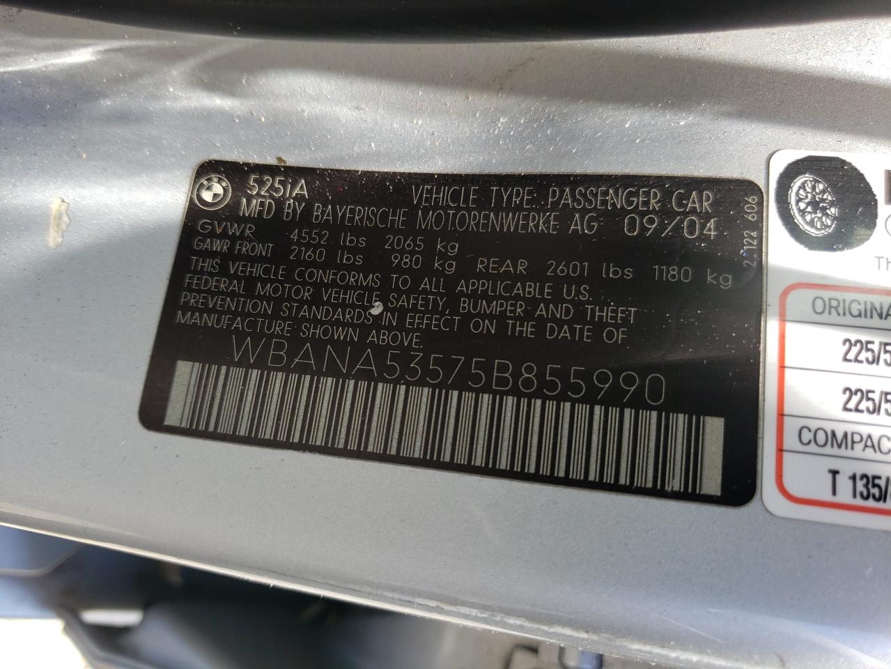 Photo 11 from auction – 2005 BMW 525 I with VIN WBANA53575B855990