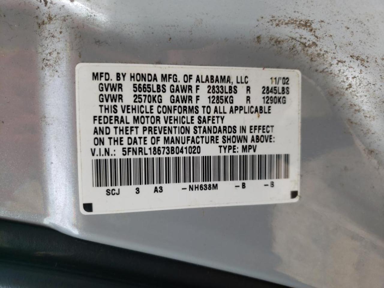 Photo 10 from auction – 2003 HONDA ODYSSEY EX with VIN 5FNRL18673B041020