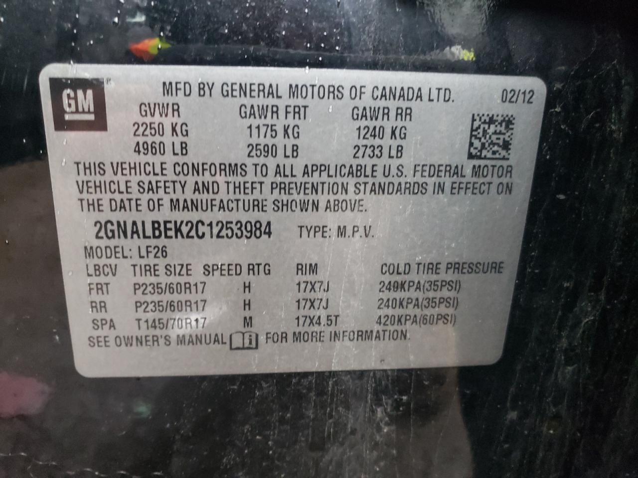 Photo 10 from auction – 2012 CHEVROLET EQUINOX LS with VIN 2GNALBEK2C1253984