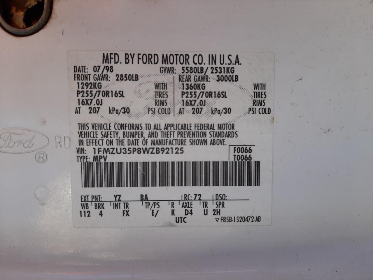 Photo 10 from auction – 1998 FORD EXPLORER with VIN 1FMZU35P8WZB92125