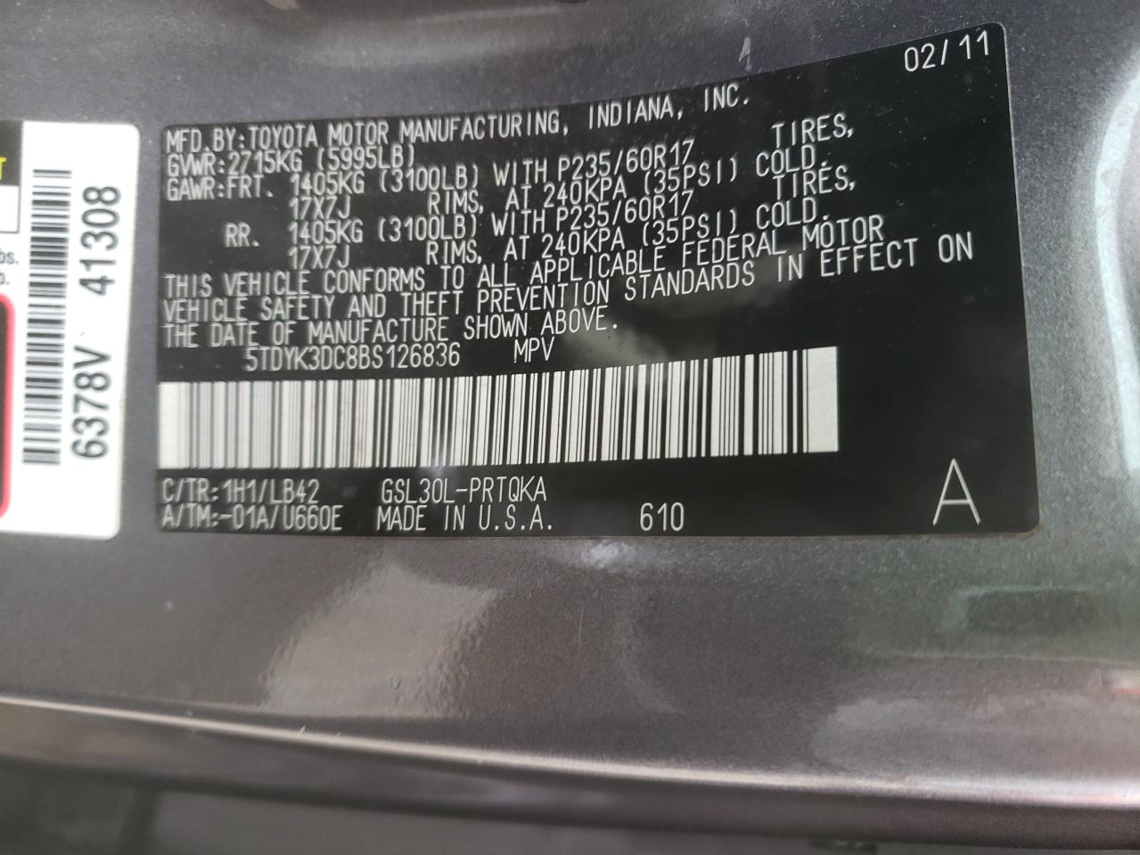 Photo 10 from auction – 2011 TOYOTA SIENNA XLE with VIN 5TDYK3DC8BS126836