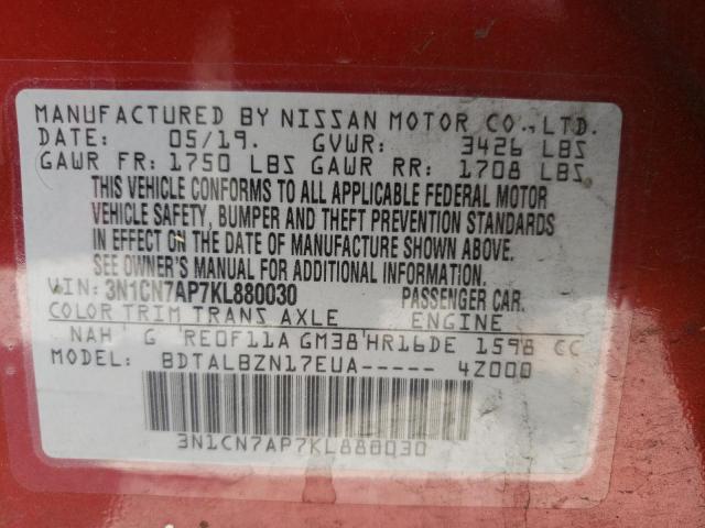 Photo 10 from auction – 2019 NISSAN VERSA S with VIN 3N1CN7AP7KL880030