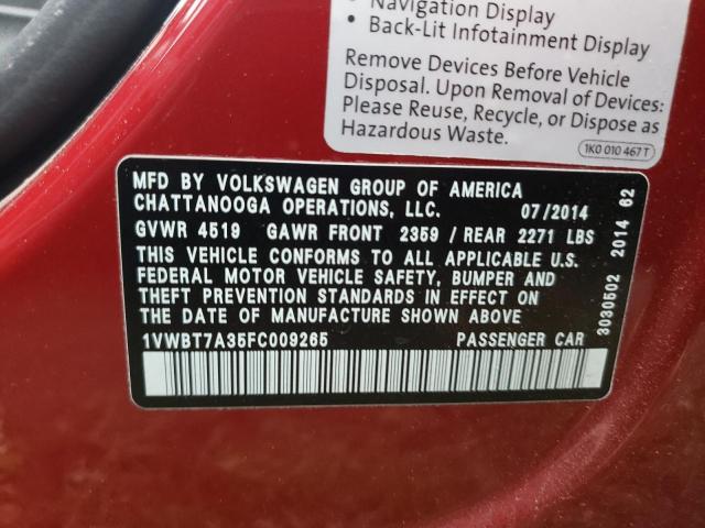 Photo 10 from auction – 2015 VOLKSWAGEN PASSAT SE with VIN 1VWBT7A35FC009265