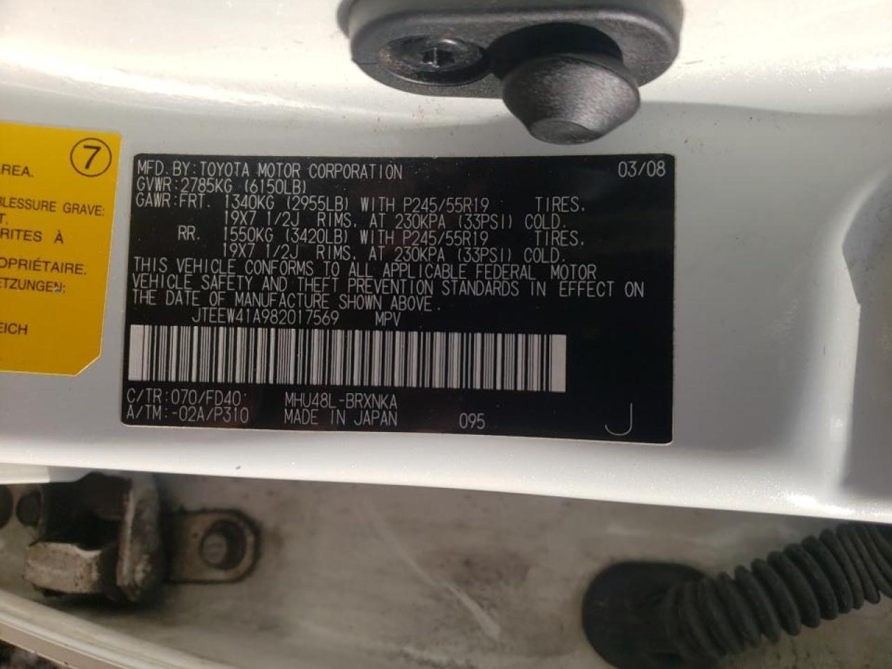Photo 10 from auction – 2008 TOYOTA HIGHLANDER with VIN JTEEW41A982017569