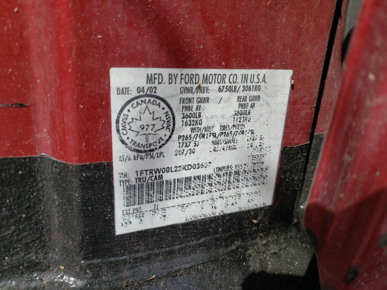 Photo 10 from auction – 2002 FORD F150 SUPER with VIN 1FTRW08L22KD03602