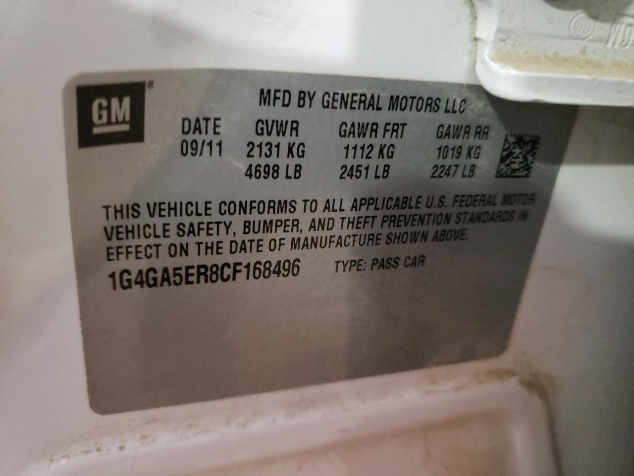 Photo 10 from auction – 2012 BUICK LACROSSE with VIN 1G4GA5ER8CF168496