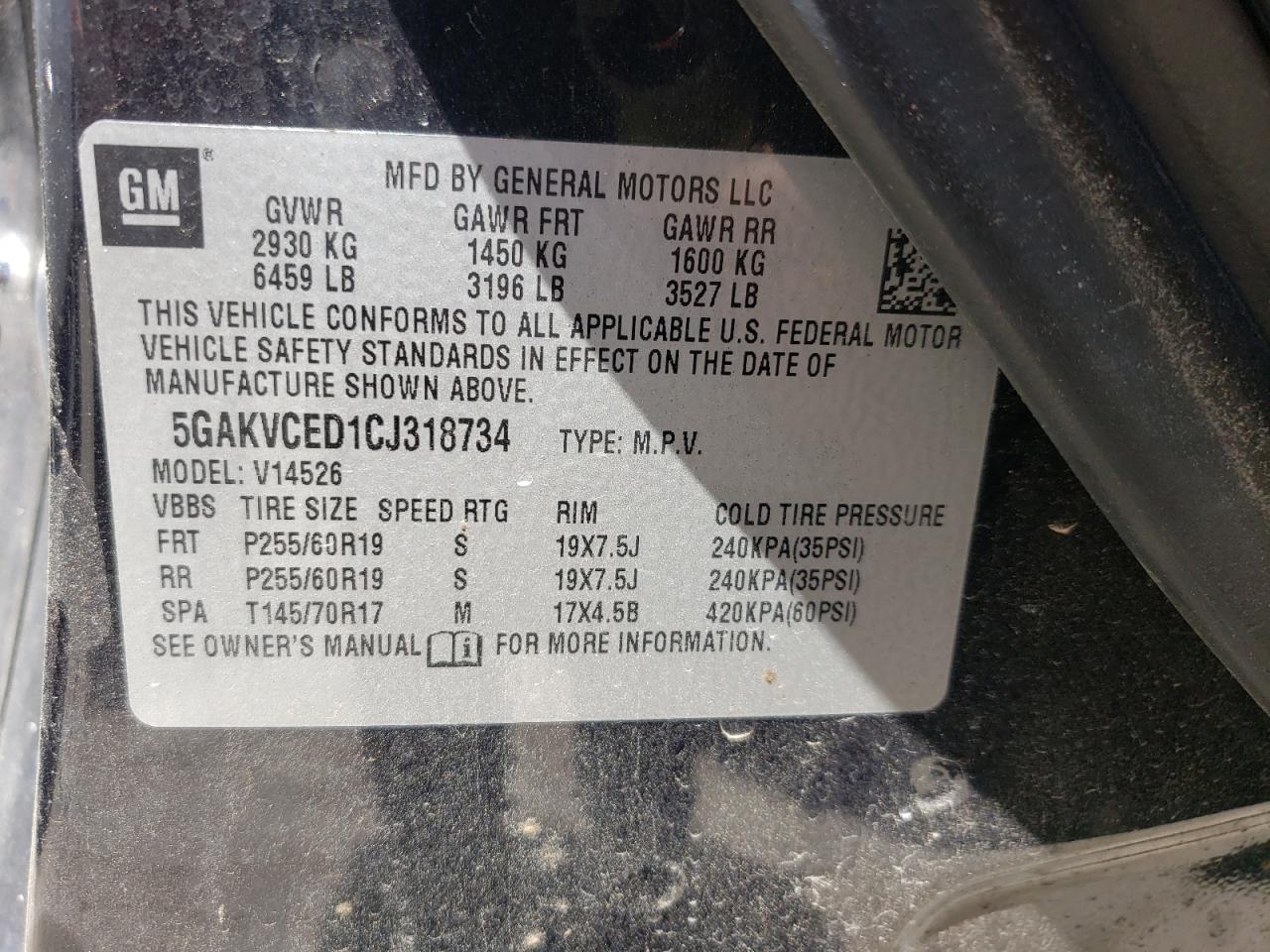 Photo 10 from auction – 2012 BUICK ENCLAVE with VIN 5GAKVCED1CJ318734