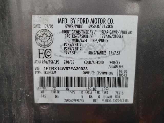 FORD F150 2007 with VIN 1FTRX14W57FA20923 - Photo from auction