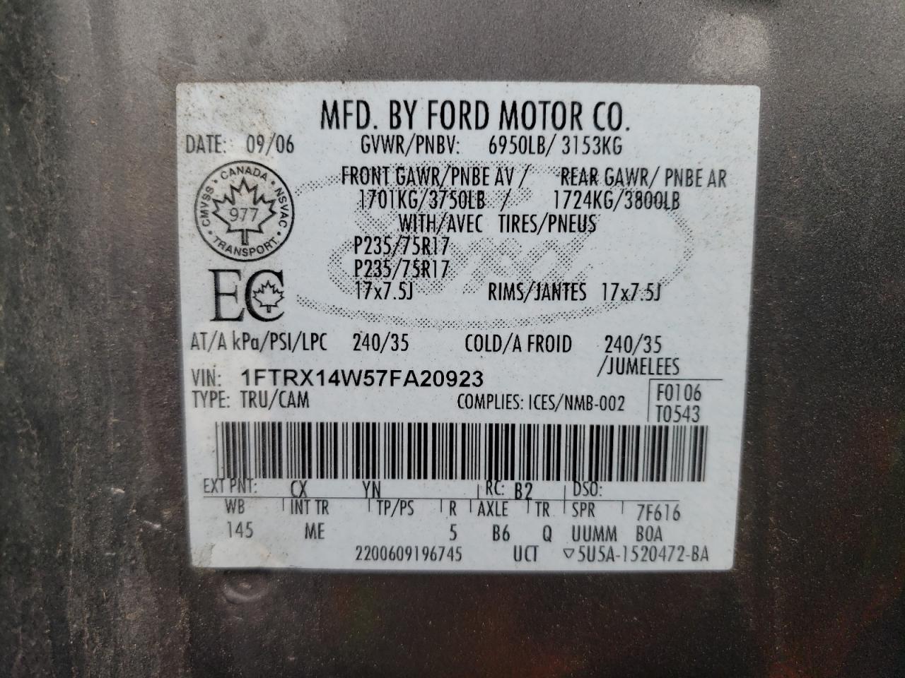 Photo 11 from auction – 2007 FORD F150 with VIN 1FTRX14W57FA20923
