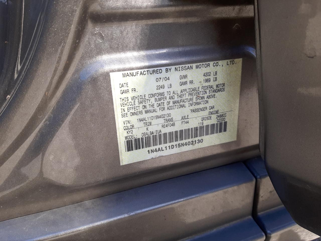 Photo 10 from auction – 2005 NISSAN ALTIMA with VIN 1N4AL11D15N402130