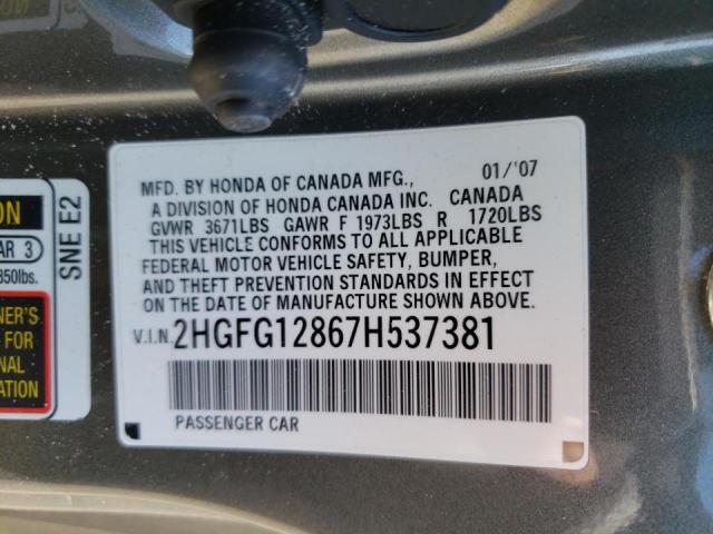 Photo 10 from auction – 2007 HONDA CIVIC EX with VIN 2HGFG12867H537381