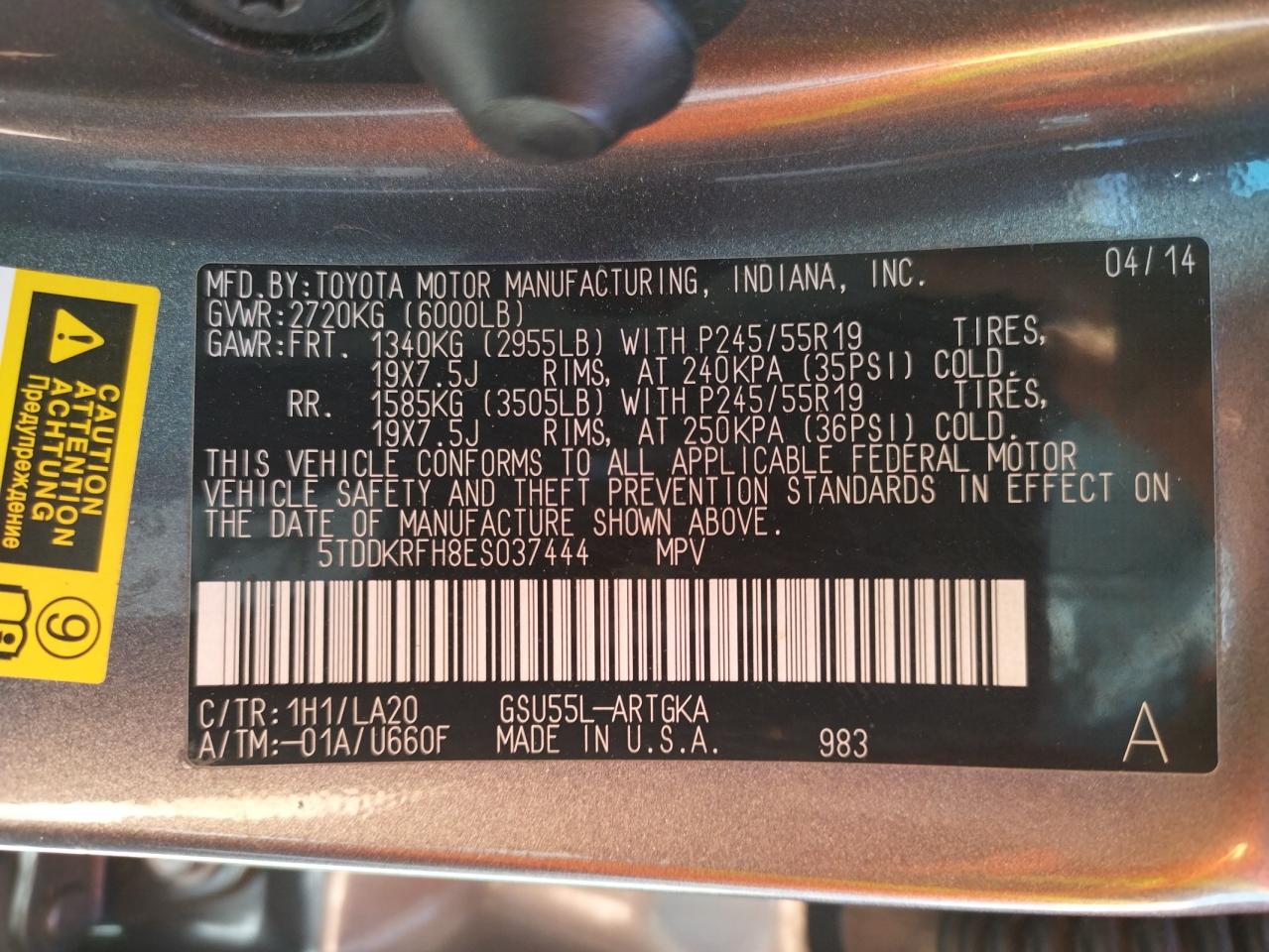 Photo 10 from auction – 2014 TOYOTA HIGHLANDER with VIN 5TDDKRFH8ES037444