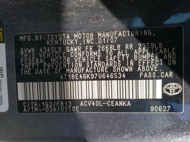 Photo 10 from auction – 2007 TOYOTA CAMRY with VIN 4T1BE46K97U646534