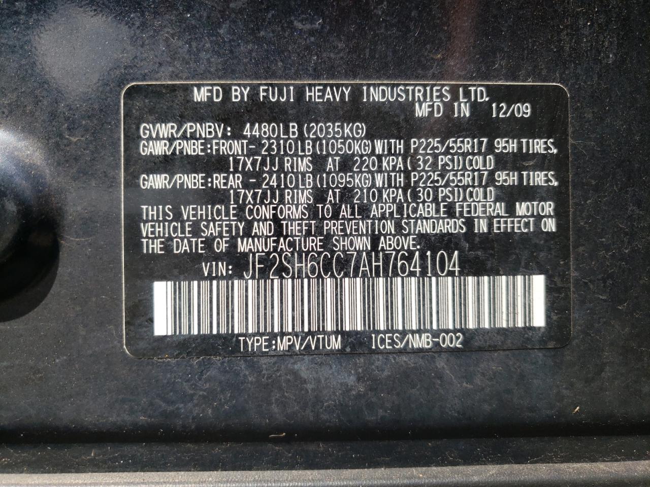 Photo 10 from auction – 2010 SUBARU FORESTER 2 with VIN JF2SH6CC7AH764104