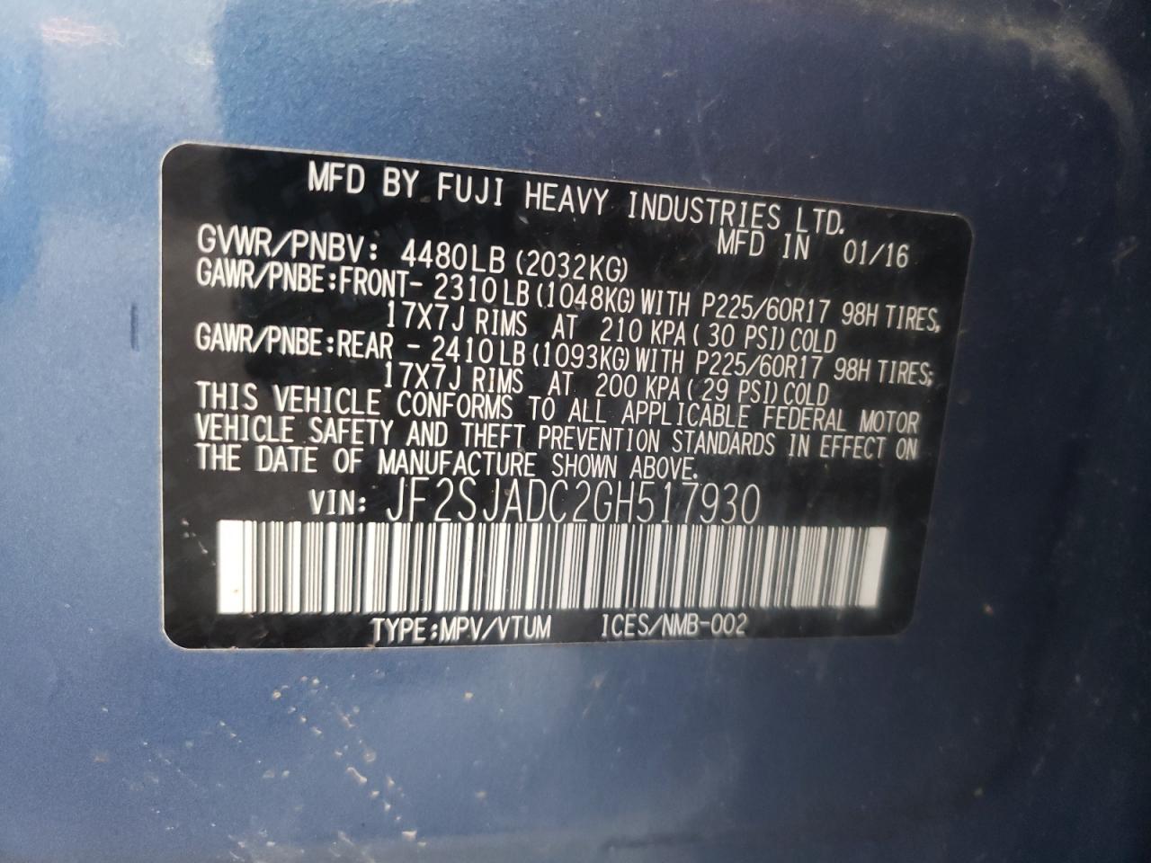 Photo 10 from auction – 2016 SUBARU FORESTER 2 with VIN JF2SJADC2GH517930