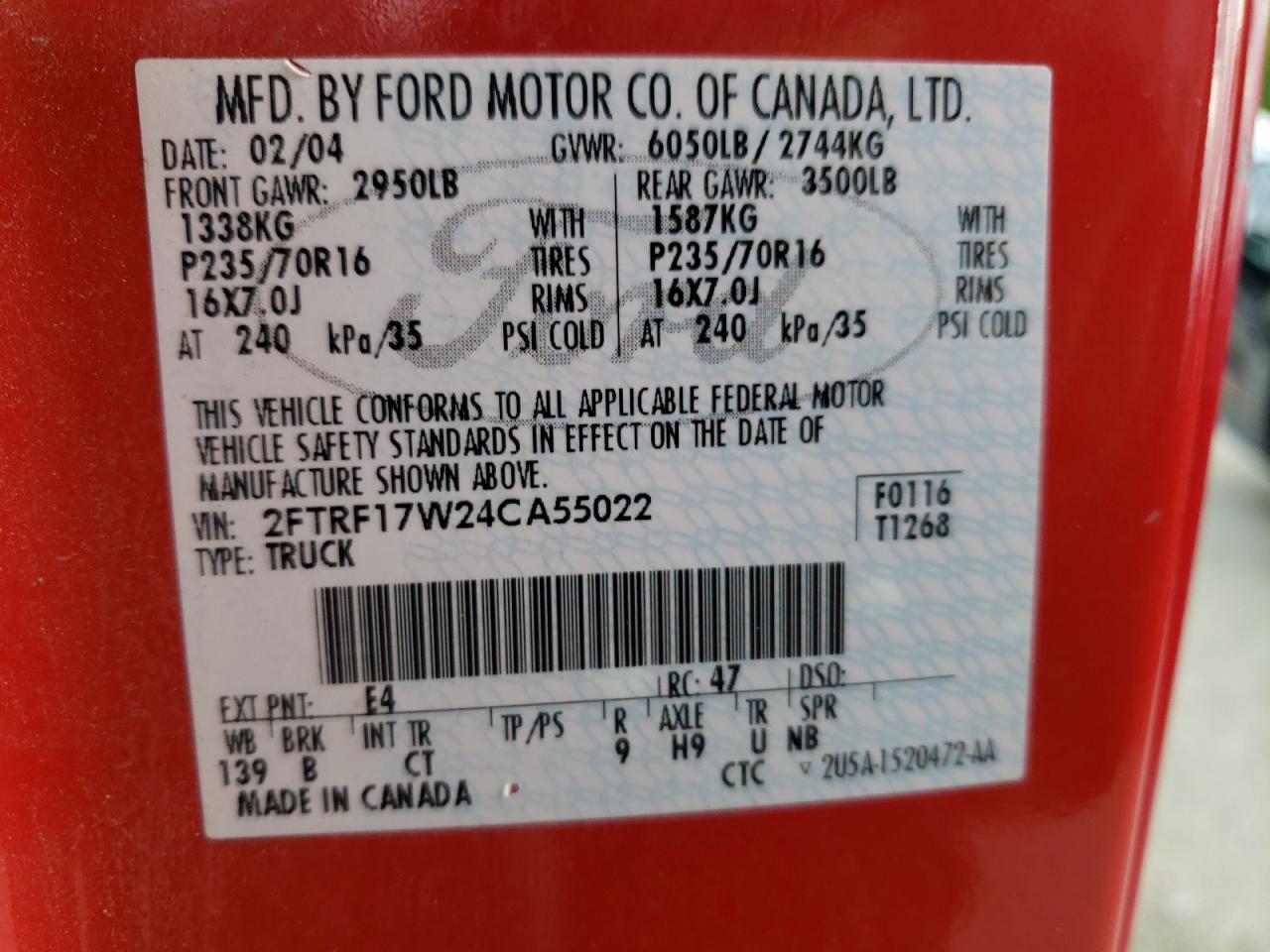 Photo 10 from auction – 2004 FORD F-150 HERI with VIN 2FTRF17W24CA55022