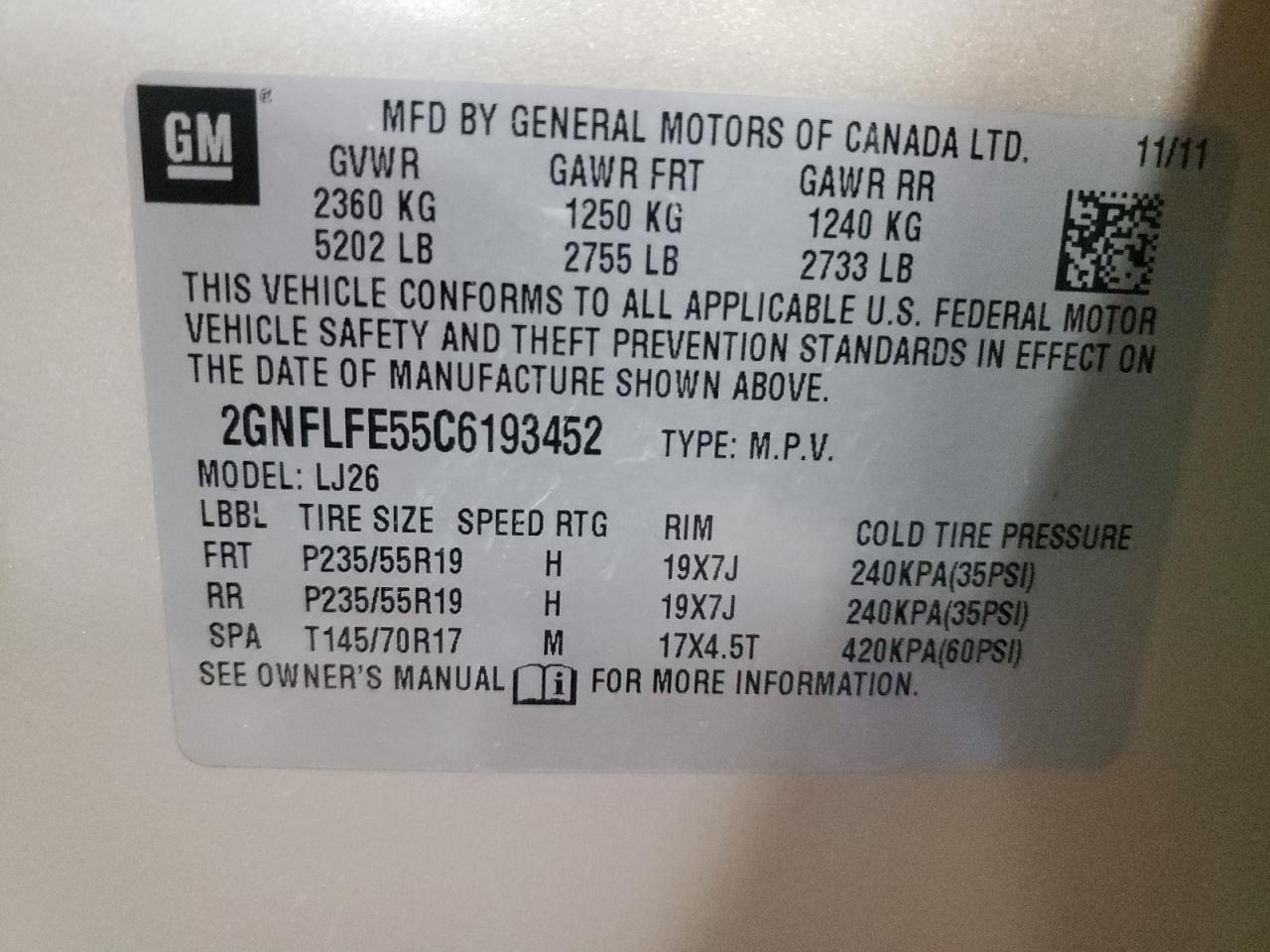 Photo 10 from auction – 2012 CHEVROLET EQUINOX LT with VIN 2GNFLFE55C6193452